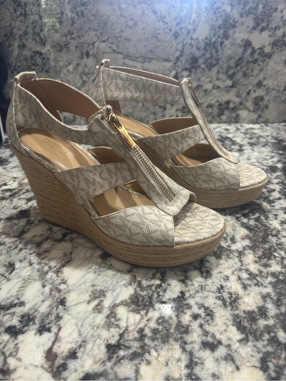 MICHAEL Michael Kors Neutral Logo Espadrille T‑Strap Wedge Sandals